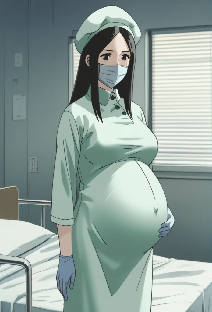 score_9, score_8_up, score_7_up, source_anime, raw image, masterpiece, highest quality, natural light, patient room background, kasuganoray, good shape, pale skin, shy eyes, big breasts, scrubs, surgical mask, bouffant cap, long sleeve maternity dress, navel head,
1girl, pregnant, solo, rubber gloves, looking down, furrowed brow, hospital bed, standing, even though she's pregnant she has a good figure