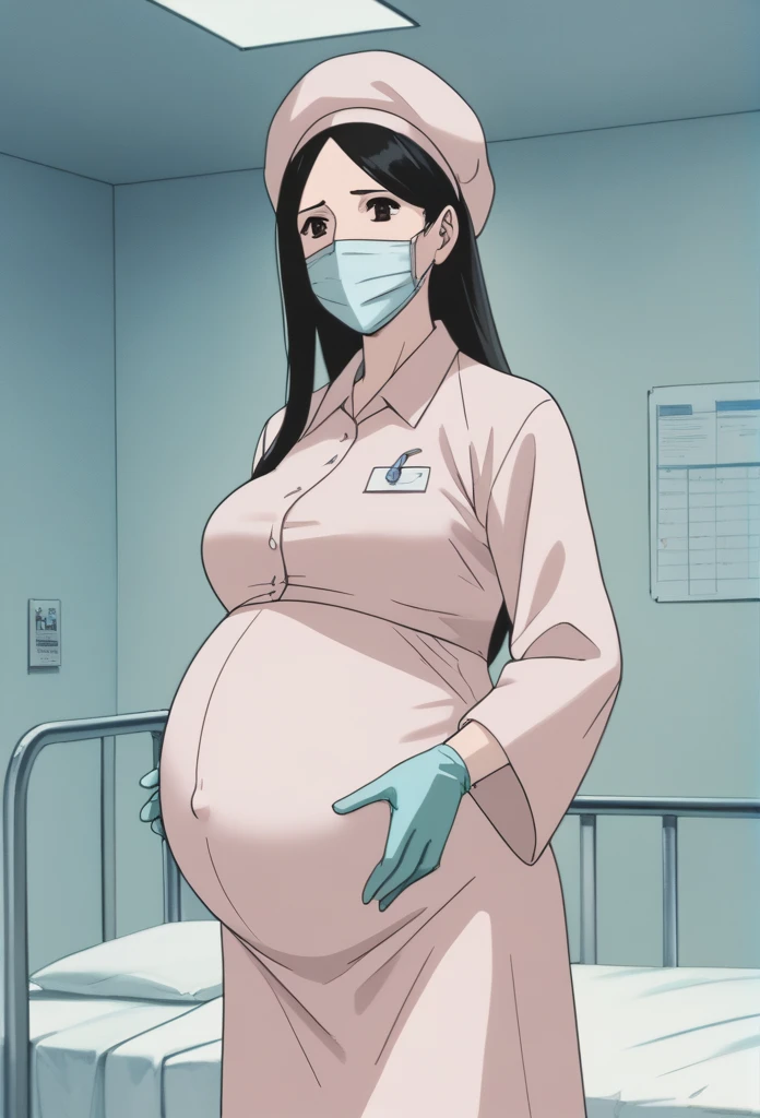 score_9, score_8_up, score_7_up, source_anime, raw image, masterpiece, highest quality, natural light, patient room background, kasuganoray, good shape, pale skin, shy eyes, big breasts, scrubs, surgical mask, bouffant cap, long sleeve maternity dress, navel head,
1girl, pregnant, solo, rubber gloves, looking down, furrowed brow, hospital bed, standing, even though she's pregnant she has a good figure