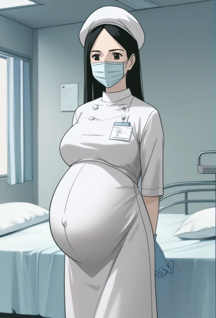 score_9, score_8_up, score_7_up, source_anime, raw image, masterpiece, highest quality, natural light, patient room background, kasuganoray, good shape, pale skin, shy eyes, , scrubs, surgical mask, bouffant cap, long sleeve maternity dress, navel head,
1girl, pregnant, solo, rubber gloves, looking down, furrowed brow, hospital bed, standing, even though she's pregnant she has a good figure