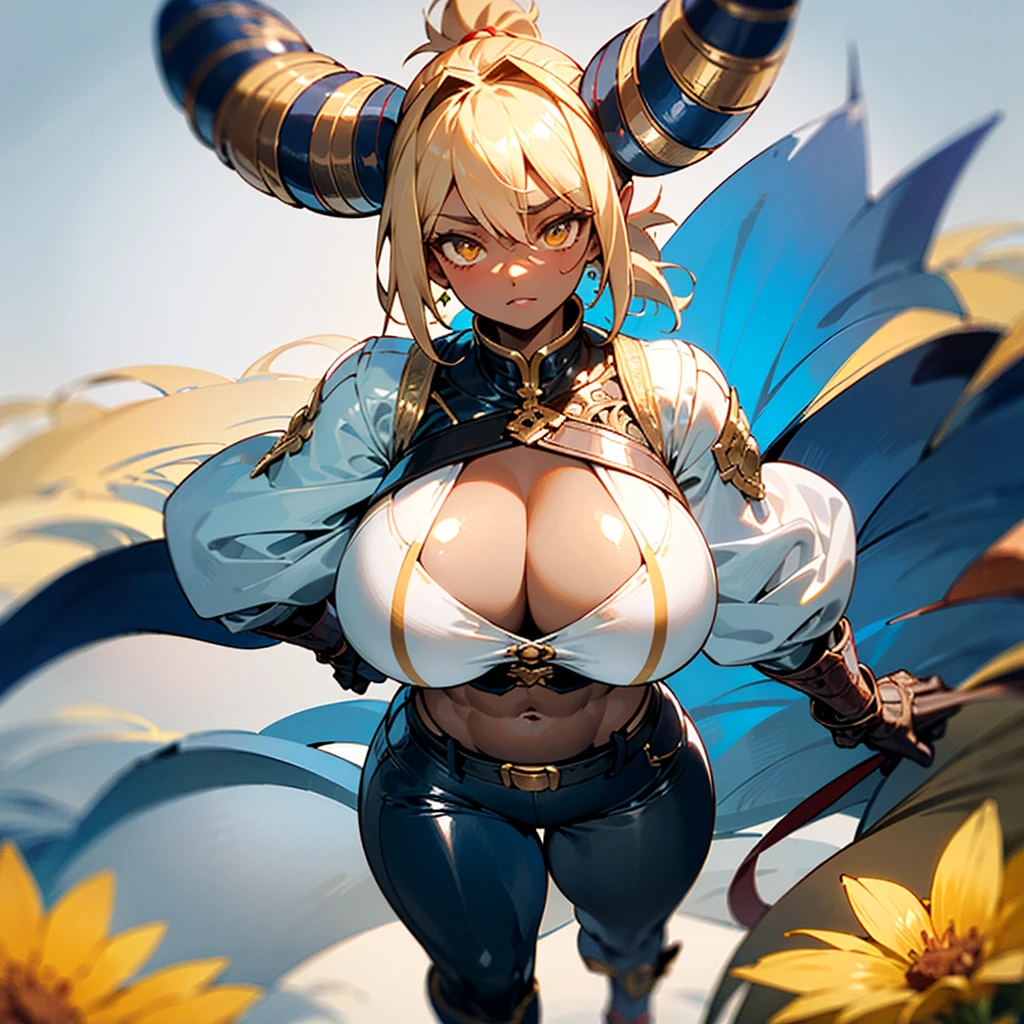 8k_wallpaper, extremely detailed eyes, extremely detailed body, 1girl,((perfect anatomy huge chest)), (intricate details:1.3), (ultra-detailed:1.3), (sharp focus:1.3), (natural lighting:1.05), (vivid colors:1.3), (best quality:1.4), high quality, expressive eyes, full body, tall girl, detailed face, beautiful face, perfect face, detailed (blonde hair), (gold eyes), ((big red horns)), {{dark skin}}, ({dark skinned female}), gigantic breasts, thick thighs, translucent blue veins on the body, strong abdominal muscles, strong leg muscles, strong arm muscles, ponytail hairstyle, wearing a blue coat with rolled up sleeves, steel belly heavy armor warrior, leather pants, leather steel gloves, wide a leather belt with gold yarn walks through a flower meadow against the backdrop of distant high mountains,