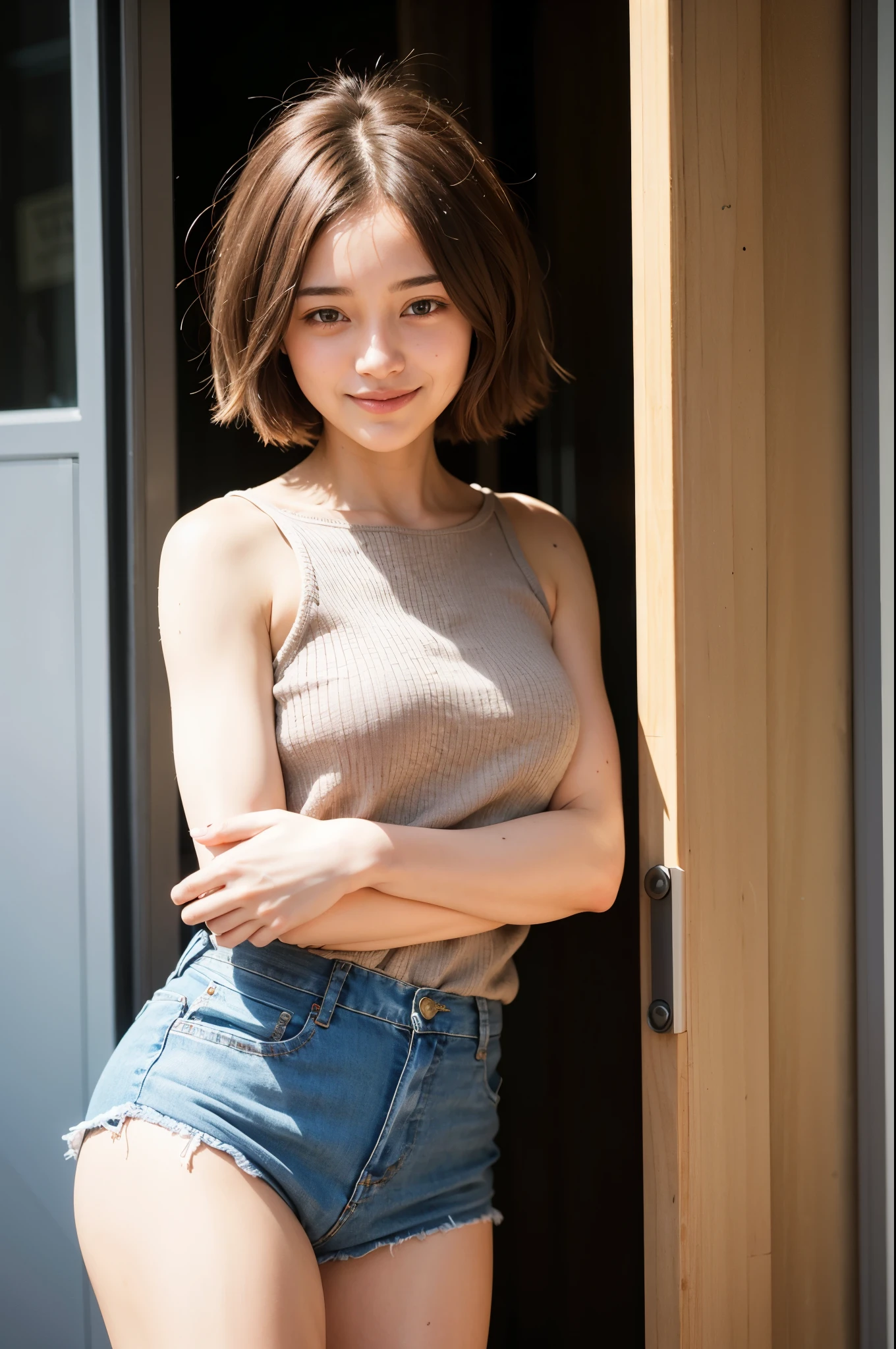 Top quality, 1 beautiful woman, super short Hair, gold hair, shy-smile
