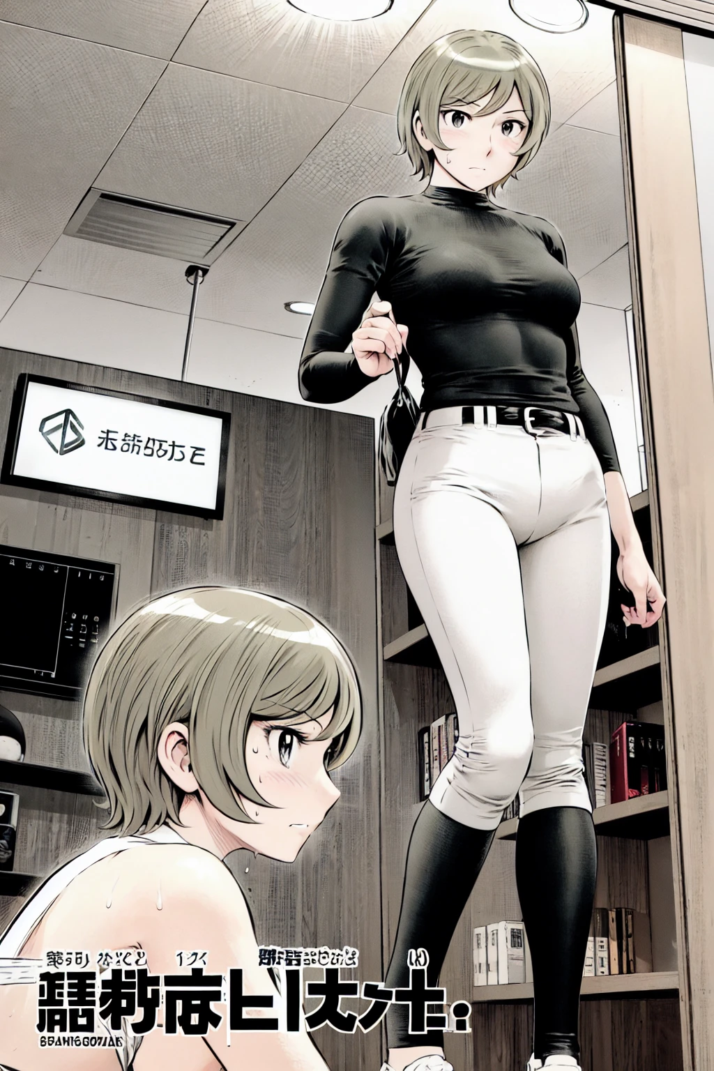 、(masterpiece、Highest quality)、Highest quality, Ultra-high resolution, (((masterpiece))), alone, Sweat、Big eyes,Tight black shirt、Tight white pants、belt、indoor、Composition from the front、(Cut the back hair short、short hair、blonde、woman)、Shortcuts、Embarrassed face、Cut your hair short、可愛いwomanの子、Big Breasts、office
