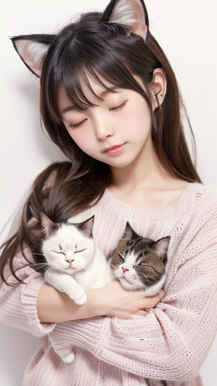 masterpiece, 4K, Bokeh, (cute:1.5), (beautiful girl:1.3), (Japanese Idols:1.6), (Cat ear:1.3) , (sweater:1.3), (I like cats:1.6), Blushed, (Holding a sleeping white cat:1.5), (Kiss the cat:1.3), (White Background :1.4),