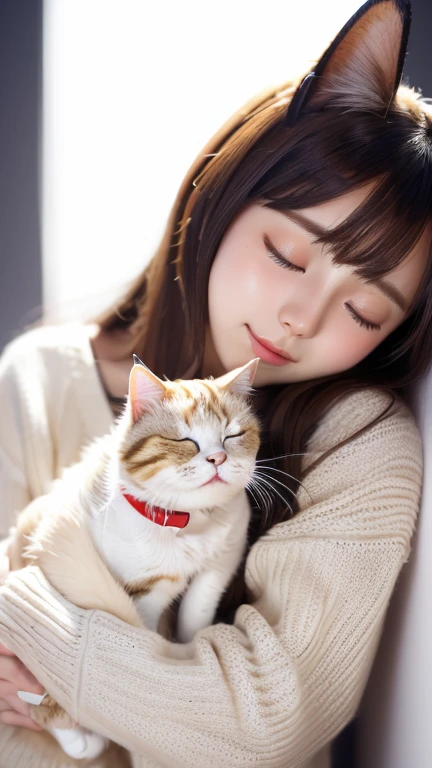 masterpiece, 4K, Bokeh, (cute:1.5), (beautiful girl:1.3), (Japanese Idols:1.6), (Cat ear:1.3) , (sweater:1.3), (I like cats:1.6), Blushed, (Holding a sleeping white cat:1.5), (Kiss the cat:1.3), (White Background :1.4),