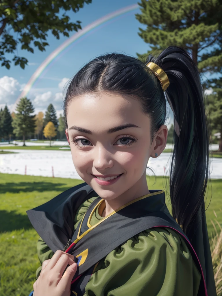 In the wires, black hair, black eyes, ponytail, Rainbow cape，green dress, puffy sleeves, looking at viewer,smiling, close up portrait, outside, Grass, trees,park, winter, blue sky, high quality, masterpiece, 