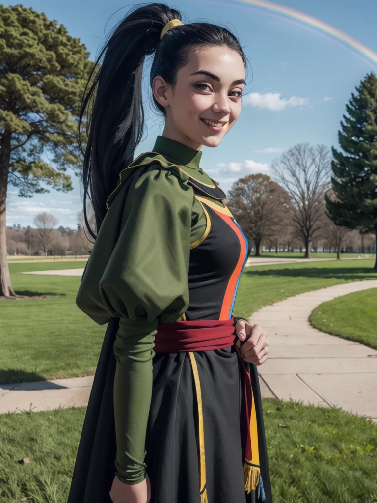 In the wires, black hair, black eyes, ponytail, Rainbow cape，green dress, puffy sleeves, looking at viewer,smiling, close up portrait, outside, Grass, trees,park, winter, blue sky, high quality, masterpiece, 