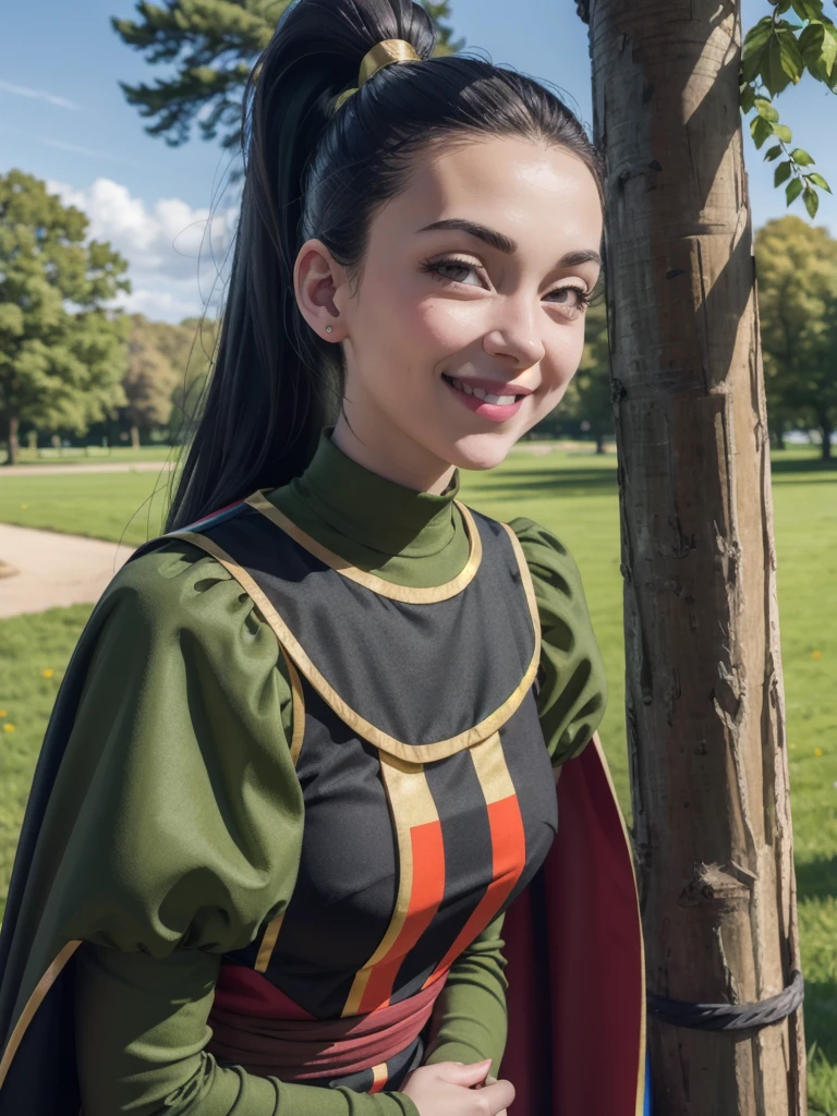 In the wires, black hair, black eyes, ponytail, Rainbow cape，green dress, puffy sleeves, looking at viewer,smiling, close up portrait, outside, Grass, trees,park, winter, blue sky, high quality, masterpiece, 