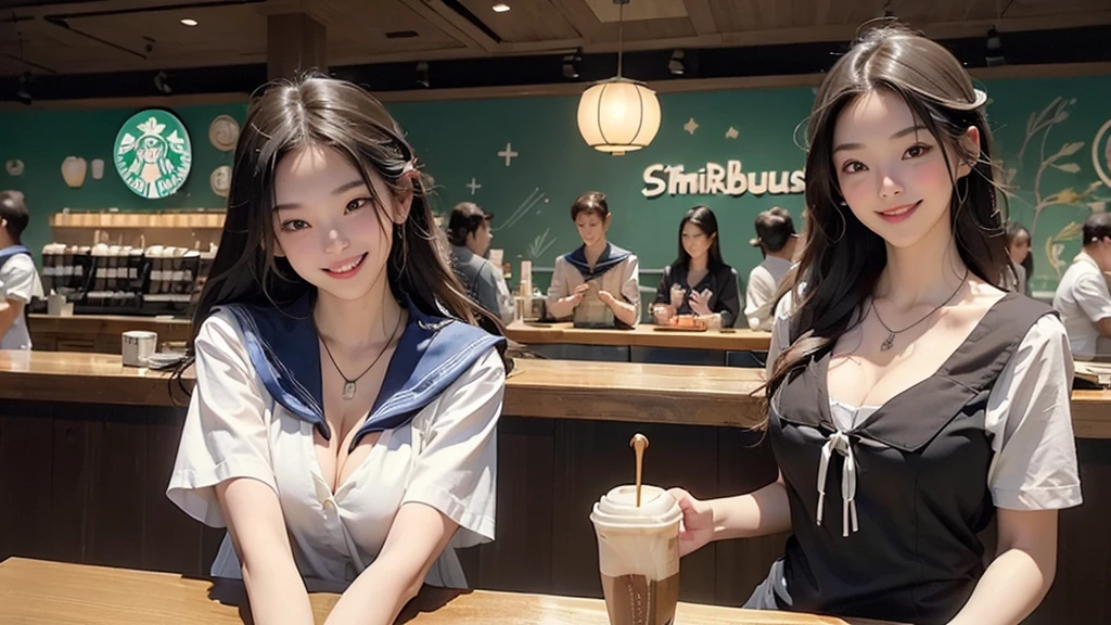 
((((((((Emphasize cleavage))))))))
((((((((A junior high school girl in a sexy white short-sleeved sailor uniform))))))))
(((((((お洒落でcuteInside the Starbucks store)))))))
8K、RAW Photos、Highest quality、Super detailed、Super Resolution、Ultra HD、8K壁紙、Amazing details



(((((((Inside the Starbucks store)))))))、
((((((Sit down and eat cake、Drink Starbucks coffee、smile))))))、((Heart Necklace))




Modern and sleek design：Interior design using natural materials、Many of the designs are warm and made using wood and metal.。
Large windows：自然光をたっぷり取り入れるためのLarge windowsがあり、Providing a bright and open space。
Green Interior：Potted plants are effectively placed、It creates a relaxing atmosphere。
artwork：Works by local artists、Starbucks-related art on display。
Cozy seating：Cushioned chairs and sofas、Bar sheet etc.、A variety of seating options available。
Open kitchen area：Being able to see how drinks and food are made、We provide peace of mind and transparency。
Unique lighting：Antique lamps and chandeliers、Modern lighting fixtures are used。
Comfortable background music：Relaxing music is playing、A comfortable space is provided。
Wide々Table space：一人でもグループでも使いやすいWide々There is a table with。
Community Table：There is a large table where you can socialize with other customers.。
Seasonal decorations：The decorations are themed according to the season.。
Design with a local feel：The design incorporates the local culture and characteristics.。
Fragrance production：コーヒーの香りが店内にWideがり、A space that satisfies the five senses has been created.。
Conversation with a barista：フレンドリーなConversation with a baristaが楽しめるカウンターエリアがあります。




8K、RAW Photos、Highest quality、masterpiece:1.2、Super detailed、Super Resolution、Ultra HD、8K壁紙、Amazing details、Photorealistic:1.4、Having fun by the water、Full Body Shot、Full body photo、High-resolution RAW color photos、Professional photos、A scene full of emotion、Very detailed and beautiful、Ultra HD、8K壁紙、Amazing details、Huge file sizes、Highly detailed beautiful girls、Highly detailed face Highly detailed eyes、Extremely realistic skin、 Highly detailed fingers, Highly detailed nose, Highly detailed mouth, Perfect Anatomy, Highly detailed background, Highly detailed clothing, Teen, cute女の子, Famous Japanese Idols, cute, Realistic body, Slender, White skin, Glowing Skin, Slim body, Realistic Face, Delicate eyes, double eyelid, 



