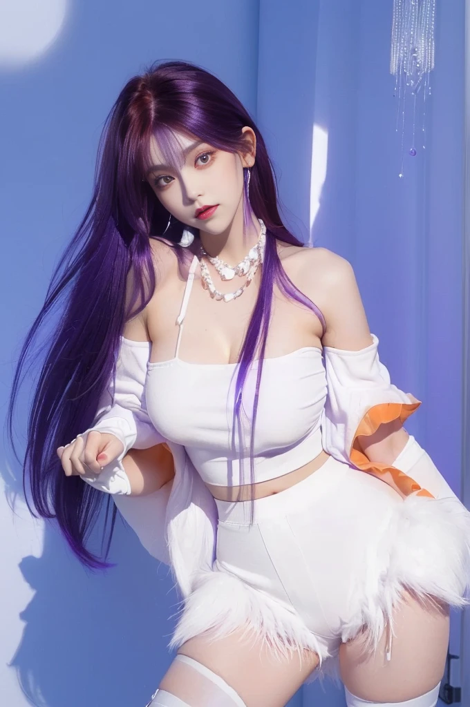 1Girl, 8k, (((dark orange violet hair))), wearing a white crop top, glossy, fluffy white pants, white sleeve stockings, (((purple eyes))), fair skin, big eyes, body goals, (((cute face)))