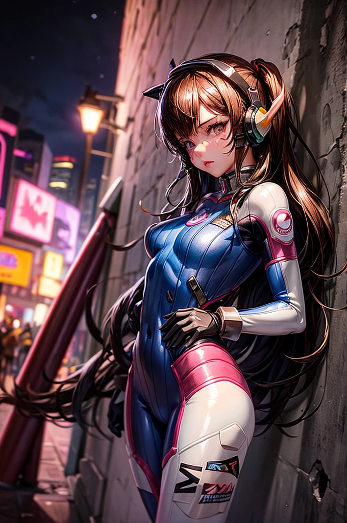 1girll, (D.va (Overwatch):0.8), Solo, Long hair, whisker markings, tightsuit, Brown hair, face markings, mitts, Breasts, Brown eyes, pilotsuit, Earphone, White gloves, Medium breasts, sweeping bangs, skin tight, bangs, Bunny suit, latex bunny suit, shiny, sexual pose, Ribbed one-piece tights, facepaint, Pink lips, questionable, caring, Dark Alley, Night, Night sky, Red light, (Silhouette, hard light:1.2), flirty look