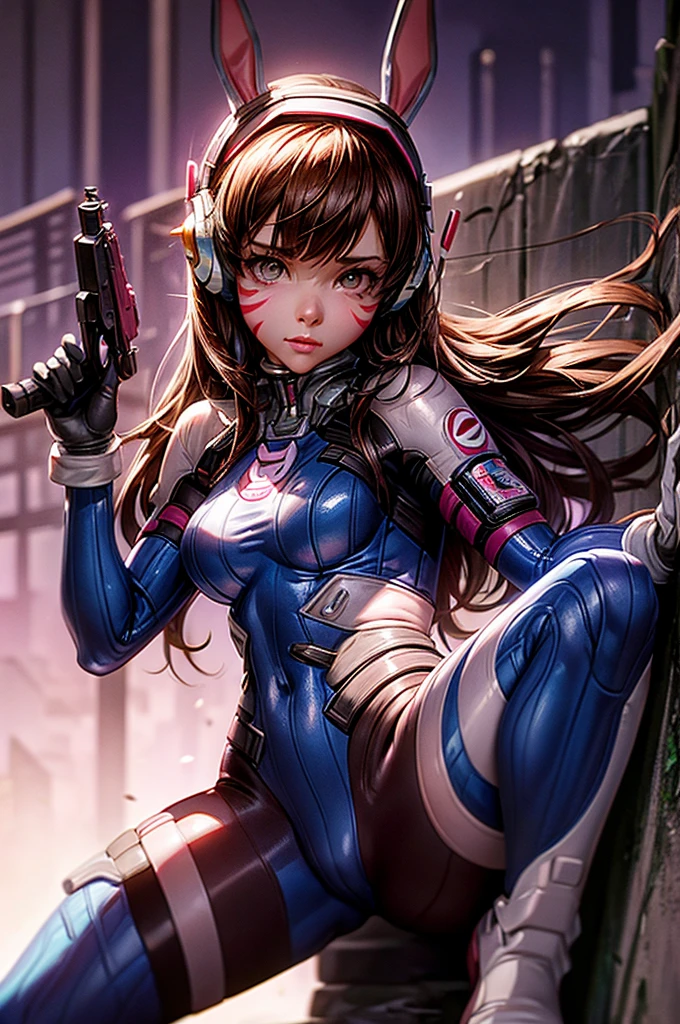 1girll, (D.va (Overwatch):0.8), Solo, Long hair, whisker markings, tightsuit, Brown hair, face markings, mitts, Breasts, Brown eyes, pilotsuit, Earphone, White gloves, Medium breasts, sweeping bangs, skin tight, bangs, Bunny suit, latex bunny suit, shiny, sexual pose, Ribbed one-piece tights, facepaint, Pink lips, leaning back against the wall, holding gun, Serious look, questionable,  caring, investigative, Dark Alley, Night, Night sky, Red light, (Silhouette, hard light:1.2),