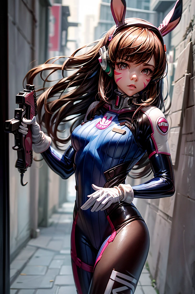 1girll, (D.va (Overwatch):0.8), Solo, Long hair, whisker markings, tightsuit, Brown hair, face markings, mitts, Breasts, Brown eyes, pilotsuit, Earphone, White gloves, Medium breasts, sweeping bangs, skin tight, bangs, Bunny suit, latex bunny suit, shiny, sexual pose, Ribbed one-piece tights, facepaint, Pink lips, leaning back against the wall, holding gun, Serious look, questionable, caring, investigative, Dark Alley, Night, Night sky, Red light, (Silhouette, hard light:1.2),