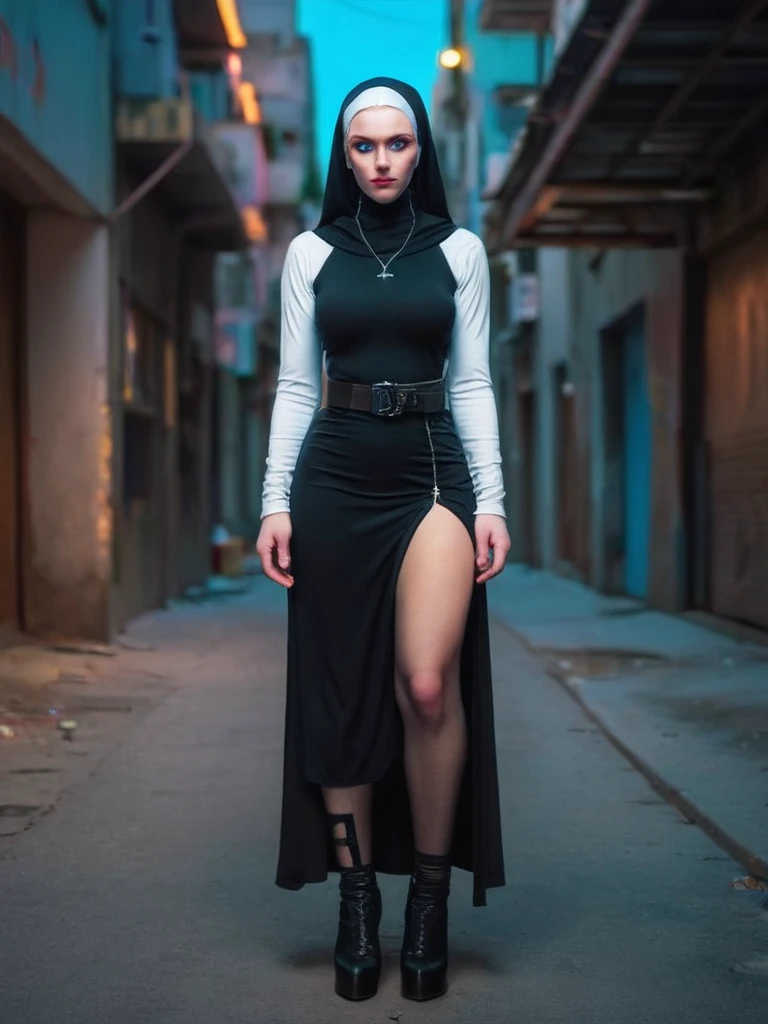ral-opal, meahophontron, beautiful woman, devil face, Blue eyes, cyberpunk, Ropa Monja is sexy, negro, looking to the camera, nun clothes, cuerpo primer plano looking to the camera, realist, Beautiful woman, cara sexy, black clothes, Gray and blue, blue heels.