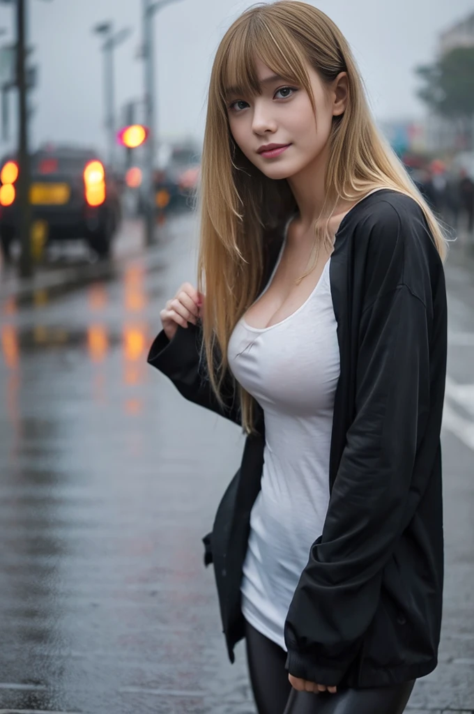 masterpiece, best quality, extremely detailed, hyperrealistic, photorealistic, a beautiful 20s french model, photographer, holding a camera with both hands:1.2, taking a photo, city, night, white t-shirt:1.2, ultra detailed face, with bangs, blonde hair, pale skin, busty breasts, sly smile

