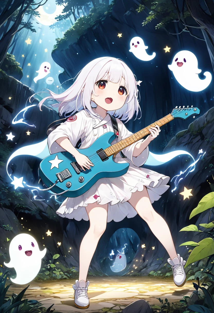 best quality, super fine, 16k, 2.5D, delicate and dynamic depiction, cute ghost live performance, singing, dancing notes, playing electric guitar, guitar with star-shaped body, deep forest cave illuminated by moonlight, Shigeru Mizuki's art style, rough and cute illustrations, cute ghost fantasy, sparkling effects, ghost effects