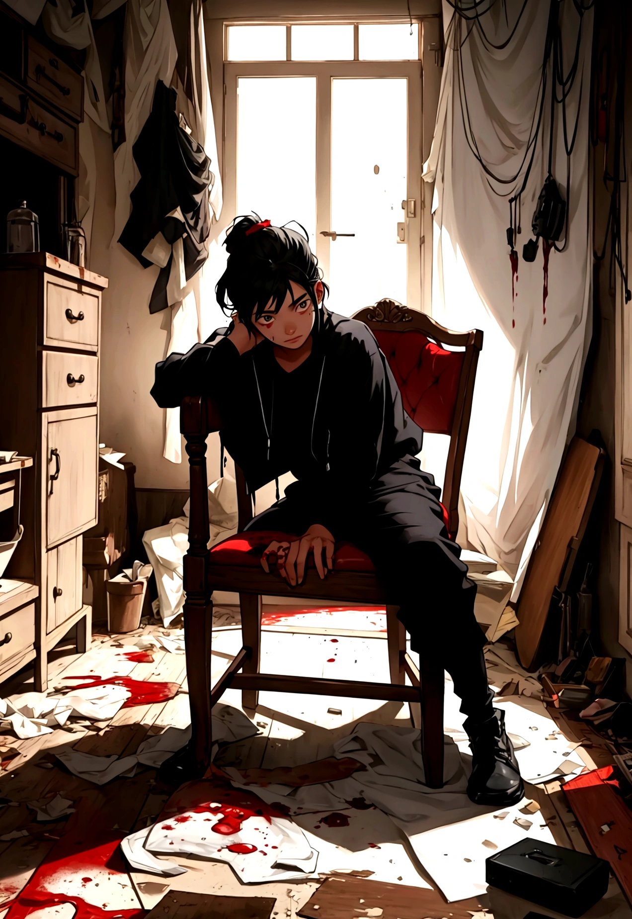 a ager full of blood lying on a chair in a messy house