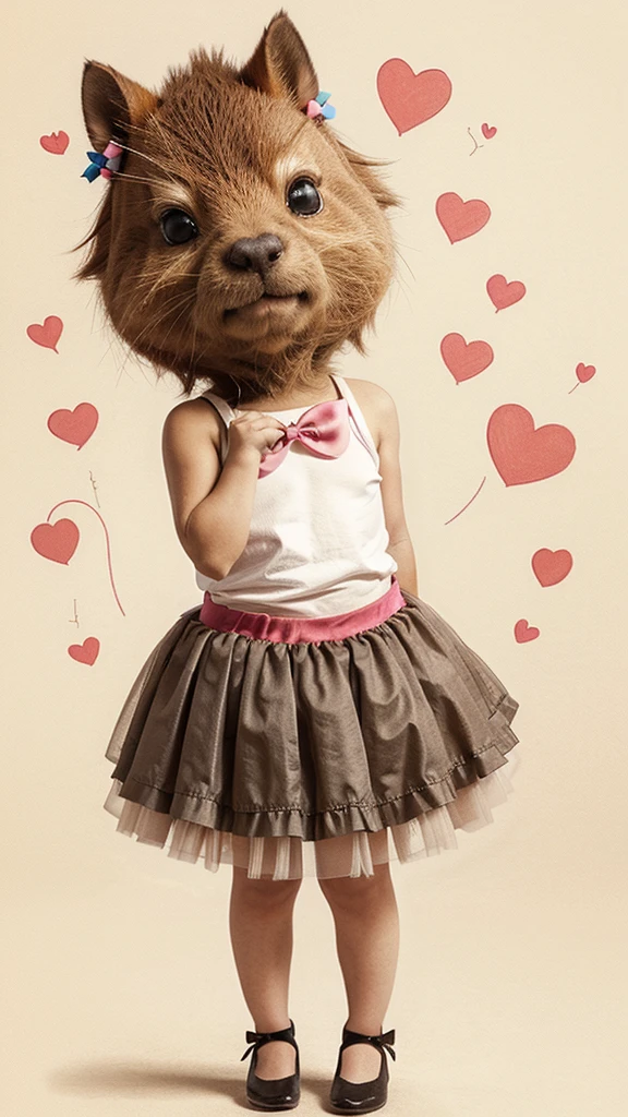 Sketch, Detailed drawing, Drawing with colored pencils,cute cartoon capybara , big eyes, full length, fashionable, in a tutu skirt, There is a bow on his head, hearts,