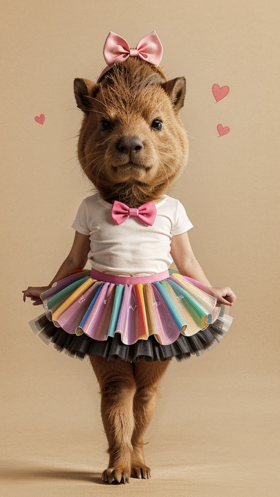 Sketch, Detailed drawing, Drawing with colored pencils,cute cartoon capybara , big eyes, full length, fashionable, in a tutu skirt, There is a bow on his head, hearts,