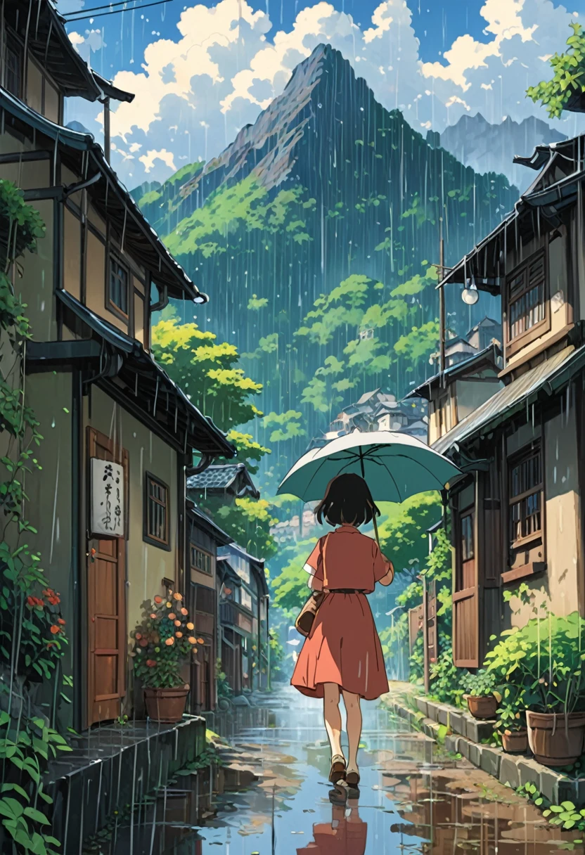 Studio Ghibli-style anime movies, Movie stills, Highest quality, masterpiece, Representative works, Official Art, Professional, Super intricate details, 8K, rain,I can see the back of a girl holding an umbrella.,Mountain