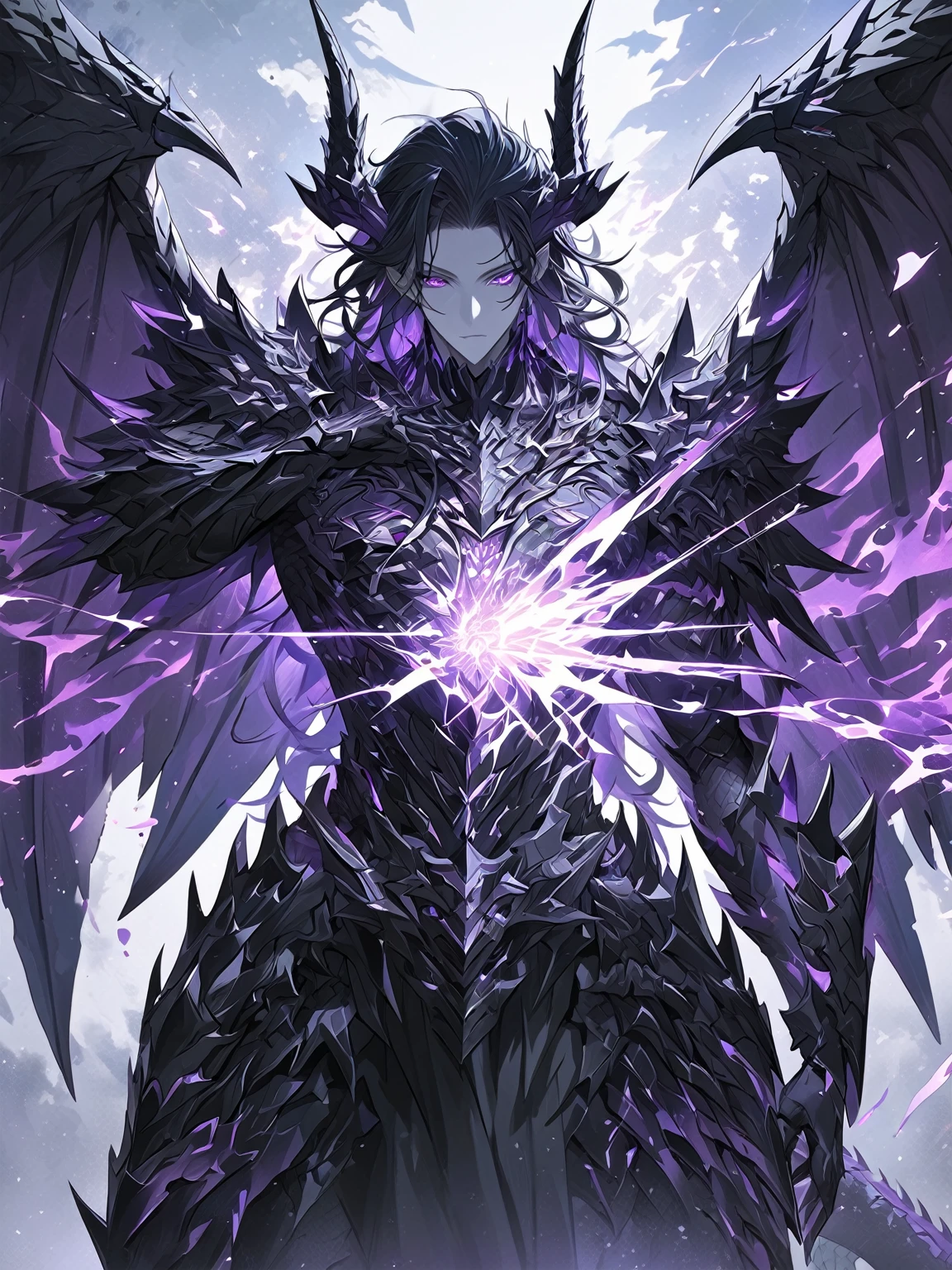 Masterpiece, Very detailed, ultra detailed, one, (1 man), man with a V-shaped body, Gray skin colour, dragon horns, two large dragon wings, full detailed dark obsidian armor with light purple details that seemed like a purple fire. Long black hair combed back, and reptile eyes that shine crimson-purple. In the style of manhwa "Omniscient Reader's Viewpoint"