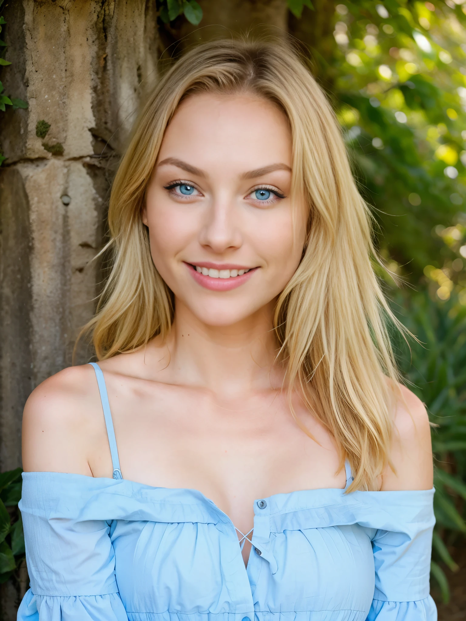 A young blond woman，With piercing blue eyes and a warm smile, Wearing a dress，Outdoor travel