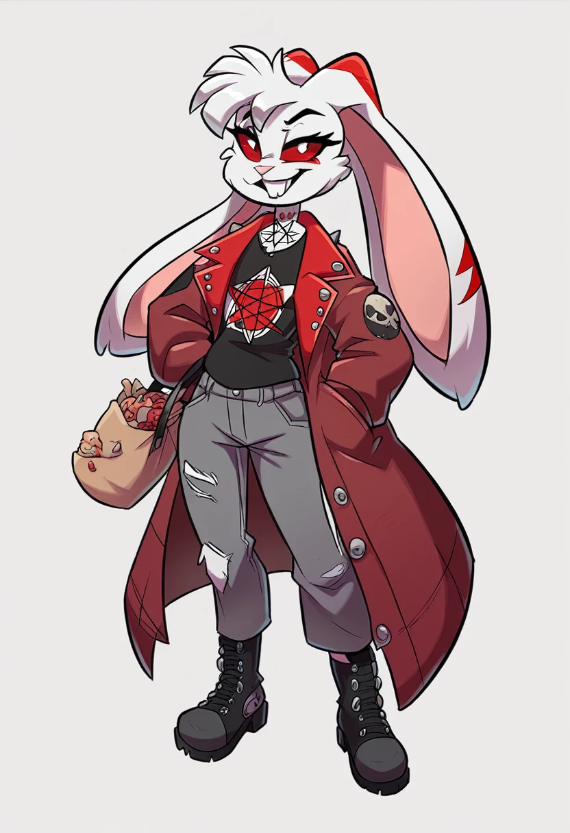 girl about , with long ears of a lop-eared rabbit,body build thin, sinewy, Elongated, looks like a toy or cartoon character. Eternal smile, absorbs food through teeth. The coat color is snow-white with red stripes in the form of tattoos, a large red diamond is depicted on the head of clothing: black jumper with pentagram ,gray jeans and black boots