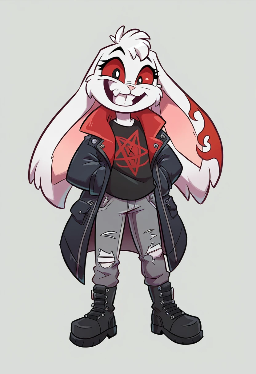 girl about 10 years old, with long ears of a lop-eared rabbit,body build thin, sinewy, Elongated, looks like a toy or cartoon character. Eternal smile, absorbs food through teeth. The coat color is snow-white with red stripes in the form of tattoos, a large red diamond is depicted on the head of clothing: black jumper with pentagram ,gray jeans and black boots