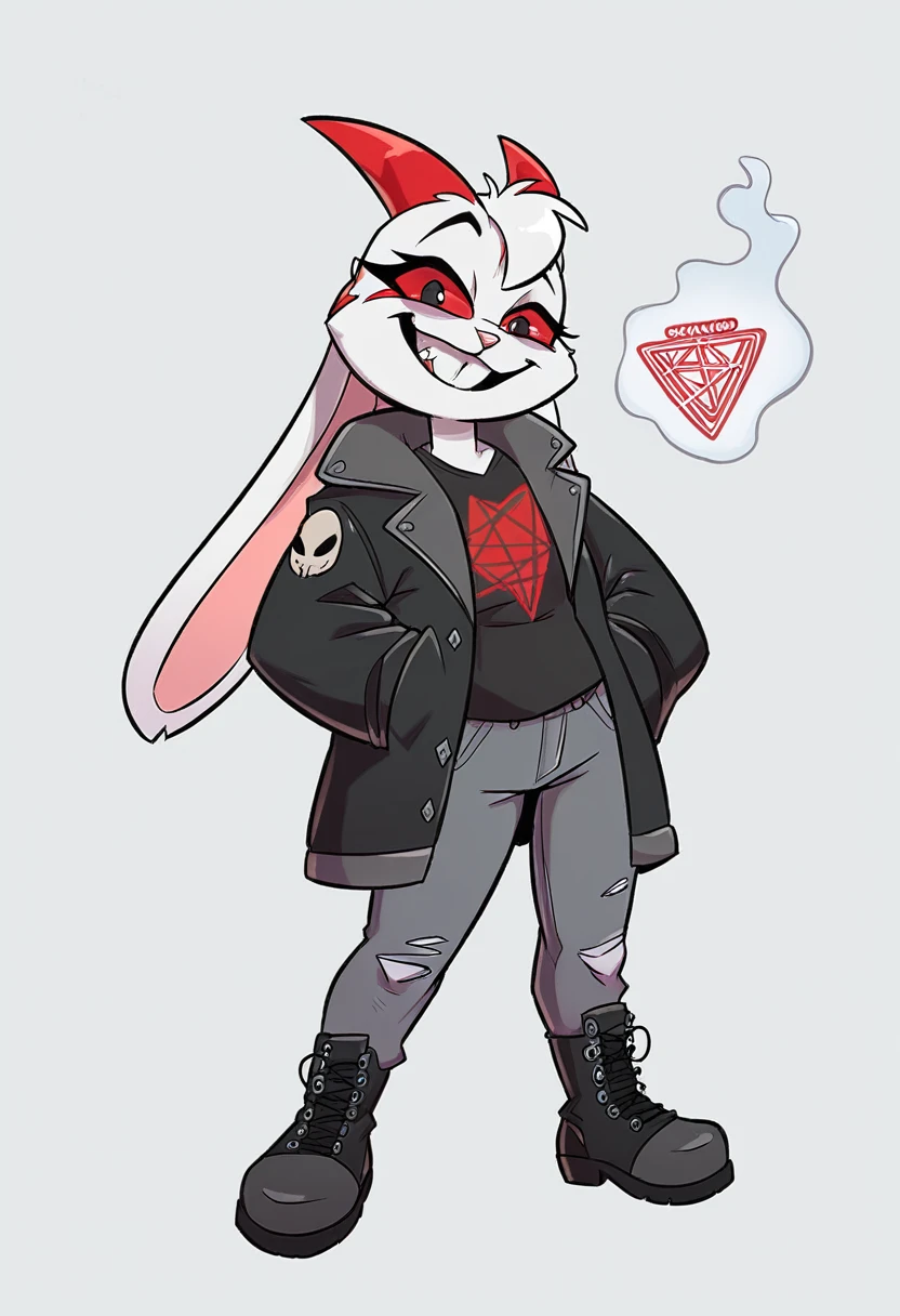 girl about , with long ears of a lop-eared rabbit,body build thin, sinewy, Elongated, looks like a toy or cartoon character. Eternal smile, absorbs food through teeth. The coat color is snow-white with red stripes in the form of tattoos, a large red diamond is depicted on the head of clothing: black jumper with pentagram ,gray jeans and black boots