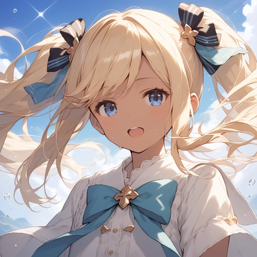 score_9, score_8_up, score_7_up, source_anime, best quality, masterpiece, official art, absurdres, highres, ultra-detailed,waifu2x,Collection: Slice of Life,break,1girl, io \(granblue fantasy\), (dark-skinned female), blonde hair, swept bangs, blue eyes,gradient hair, hair ornament, long hair, flat chest, thighhighs, twintails, sweat, open mouth, sleepily, outdoors, wind,break,(clear line illustration:1.2), super detailed skin,very high resolution, very aesthetic, Best sexual lighting powered by famous artist, 8k,cute picture,beauty illustration,photoshop_(medium),,(Detailed Lighting),best anime 8k konachan wallpaper, pixiv contest winner,
