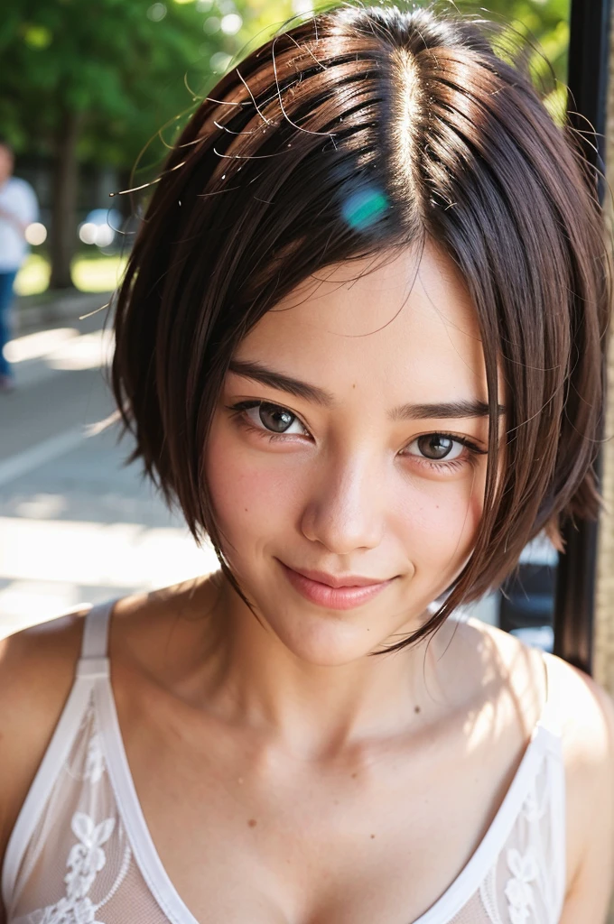 Top quality, 1 beautiful woman, super short Hair, gold hair, shy-smile, close up