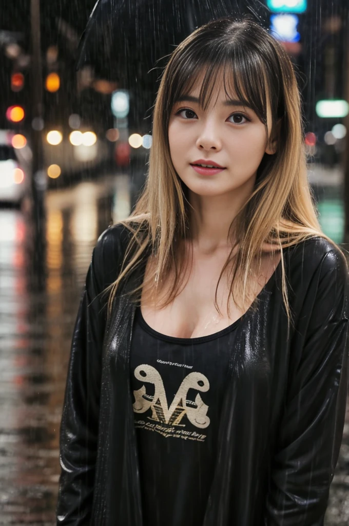 24year old beautiful girl、Half-Japanese beauty、Highest image quality、realistic、16K、beautiful woman、long hair、Blonde、blondes、With bangs、Pretty slim、heavy rain、While walking through the Beach in the rain、wet from heavy rain、In the middle of Shibuya、Larger breasts、The blackTshirt、leggings、Wet in the rain、Heavy Rain、My hair got wet in the heavy rain、In heavy rain、Shooting from a distance、Wet in the rain