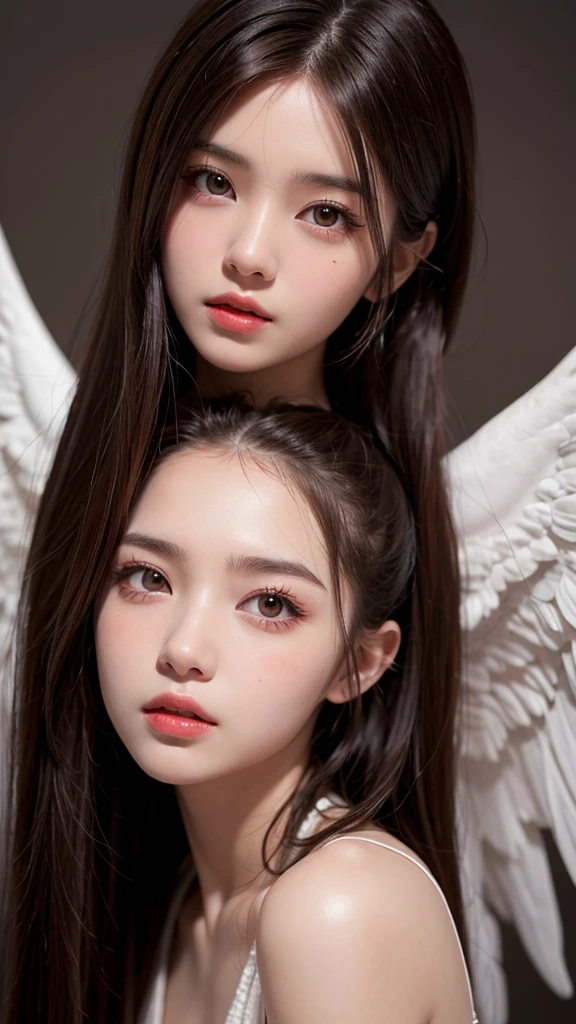 Realistic woman like in the photo, Woman brown eyes, Brown Hair, ultrahd, Surrealism style, Angel, Detailed face