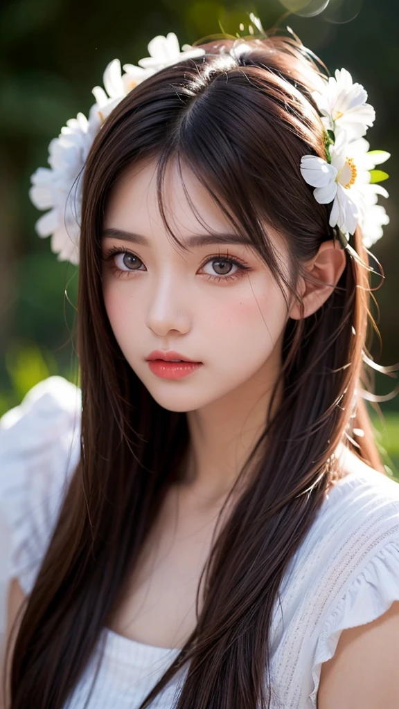 Realistic woman like in the photo, Woman brown eyes, Brown Hair, ultrahd, Surrealism style, Angel, Detailed face