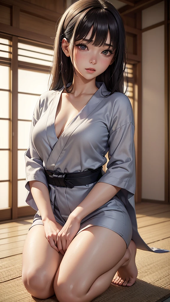 ((best quality, 8K, masterpiece :1.3)), Clear focus:1.2 ， Photorealistic，(light)，Facial detail texture. Eye details. Double eyelids, slim body. Super small breasts, Sexy clavicle， girl, Photo-realistic:1.37，Perfect eyes, ((1 Girl in a gray yukata))，（White belt），(Thick cloth)，((Ripped Linen))，There are pictures，Dark brown hair，Long hair draped loosely，Bangs，Kneeling in the snow，barefoot，Put your hands behind your back，Kneeling，Full body portrait，Short sleeve，Short skirt，Show your thighs，Wrinkles，((Solid color background))，Very shy，blush，Get wet