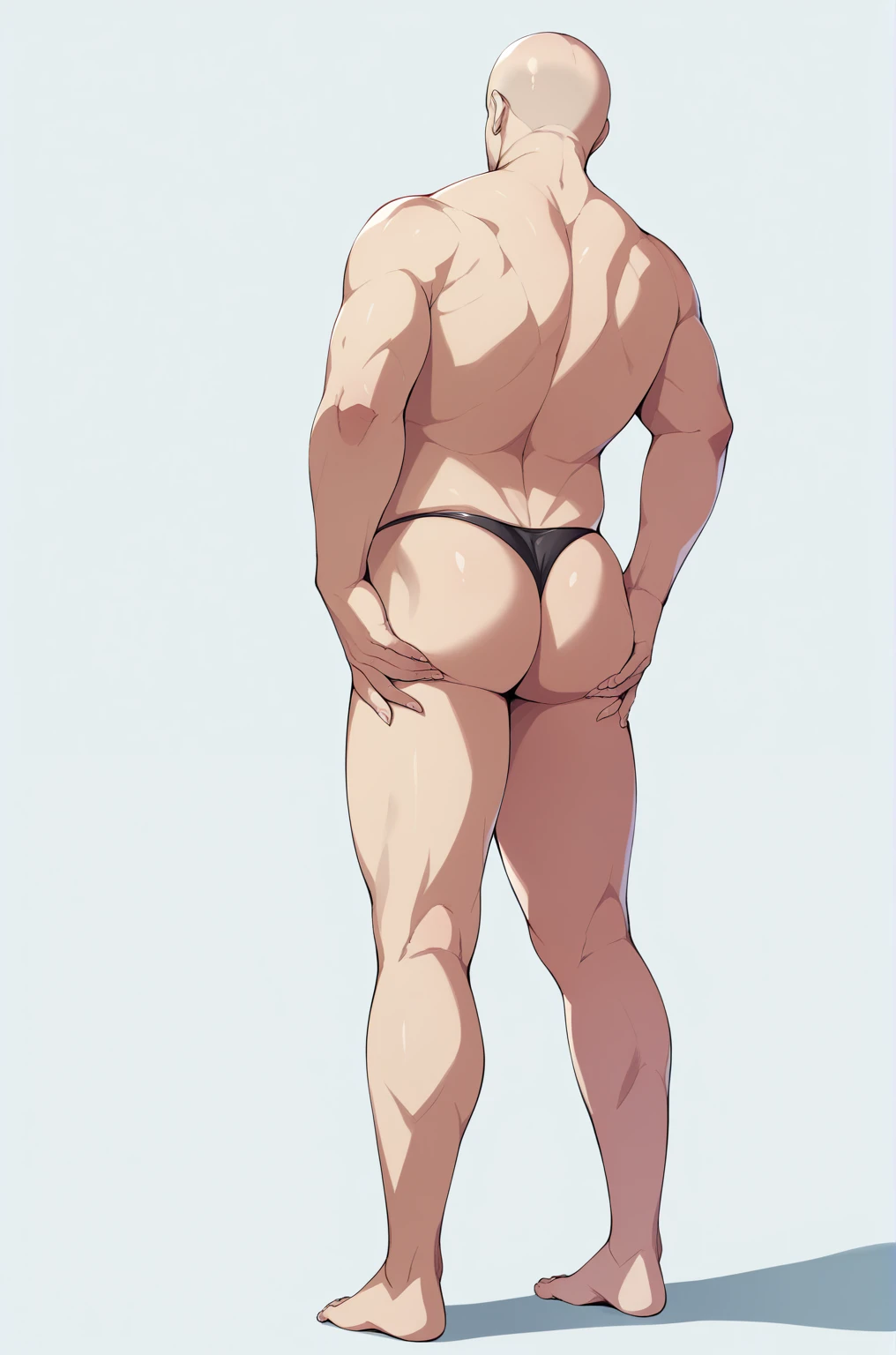 Diagonal angle from behind、One bald man、solo、Ultra-detailed illustrations、Ultra-precise expression、masterpiece、Highest quality、ultra High resolution、High resolution、Hiromitsu Takeda Style、White background、Simple Background、whole body、barefoot、Standing posture、Back view、Black panties、Completely naked、Spread your legs、