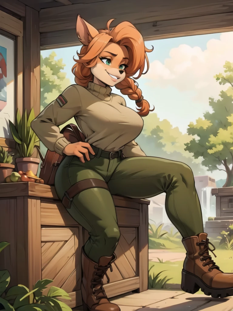 (Best quality,4K,8 k,A high resolution,masterpiece:1.2),ultra detailed,realistic:1.37,portrait,anthro bandicoot girl red, braided hair, beautiful green eyes, sexual relaxing moment, sexual ,seductive, warm sweater, camouflage pants, army boots, grinning, Cosy lighting, bright colors , Anthro Girl , sweater, camouflage pants, army boots, date ,