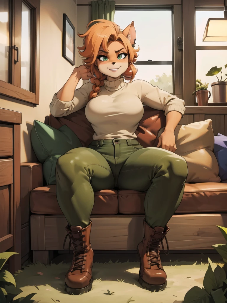 (Best quality,4K,8 k,A high resolution,masterpiece:1.2),ultra detailed,realistic:1.37,portrait,anthro bandicoot girl red, braided hair, beautiful green eyes, sexual relaxing moment, sexual ,seductive, warm sweater, camouflage pants, army boots, grinning, Cosy lighting, bright colors , Anthro Girl , sweater, camouflage pants, army boots, date ,