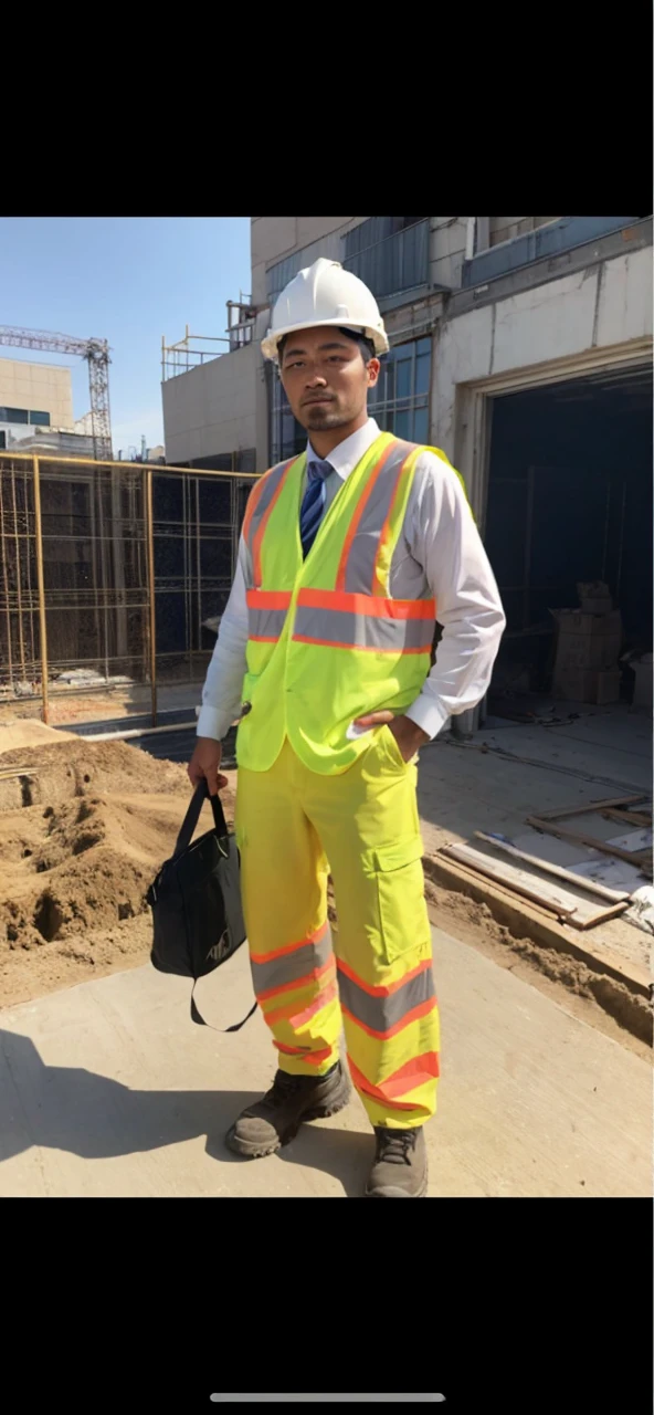 A man wearing work clothes outside a construction site sleeps on his back on an air bed