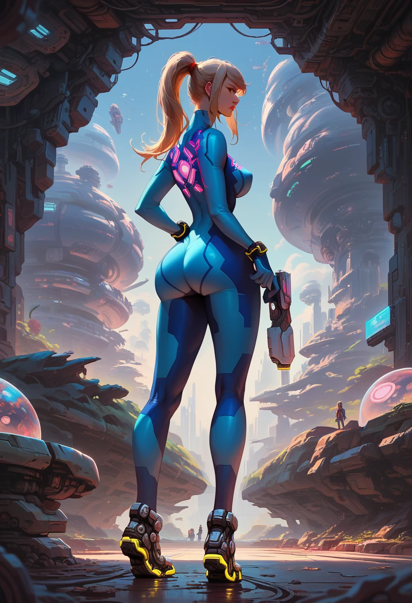 Samus aran, ponytail, blondie, eyes blue (detailed:1.8), large breast, big ass, zero suit, gun, standing on board a spaceship, looking into the distance, looking ahead, spaceship, neon lights, detailing body, detailing face, in full growth