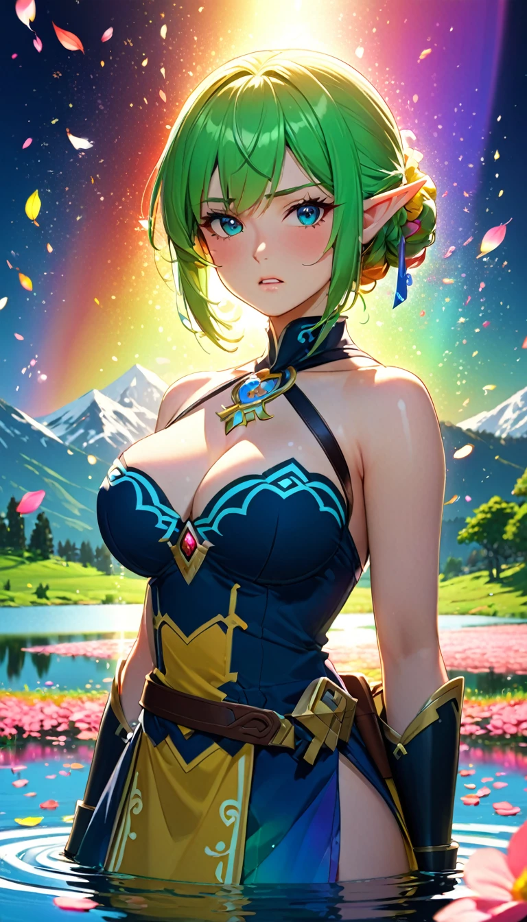Highest quality, Super quality, 16K, Incredibly absurd, Very detailed, delicate and dynamic, Natural light, Fine particles reflect rainbow colors, Diffuse reflection of light, Vortex of Light, Many rainbow-colored petals fall, Beautiful lake, Shining Sun, 湖面にDiffuse reflection of light, Create amazing image effects, , (, cute sexy girl, huge bouncing busts, Sensual expression, passionate, Serious, Tsundere, the legend of zelda)