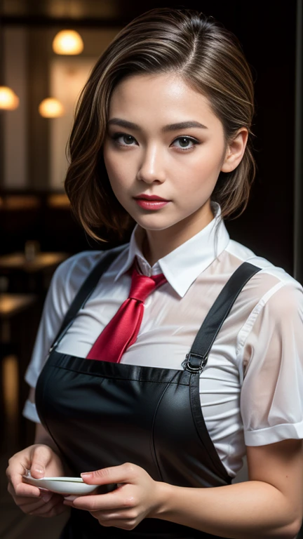 (8K, RAW Photos, 最high quality, masterpiece: 1.2), (Realistic, photoRealistic: 1.37), 1 A woman wearing a waitress uniform standing on the sidewalk, , Professional Lighting, Photon Mapping, , Brazilian women, Torn, Sommelière、, Incredibly beautiful face、Playmate proportions、Sommelièreのユニホーム、,At a fine dining restaurant,Carry dishes、 masterpiece, 最high quality, high quality, High resolution, big , (Face close-up),working at a restaurant、Hair is tied、Updo、Tie your hair tightly、Slicked back hair、