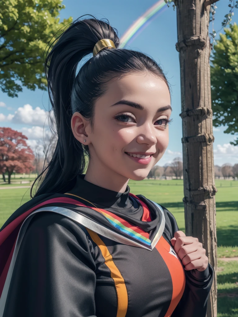 In the wires, black hair, black eyes, ponytail, Rainbow cape, puffy sleeves, looking at viewer,smiling, close up portrait, outside, Grass, trees,park, winter, blue sky, high quality, masterpiece, 