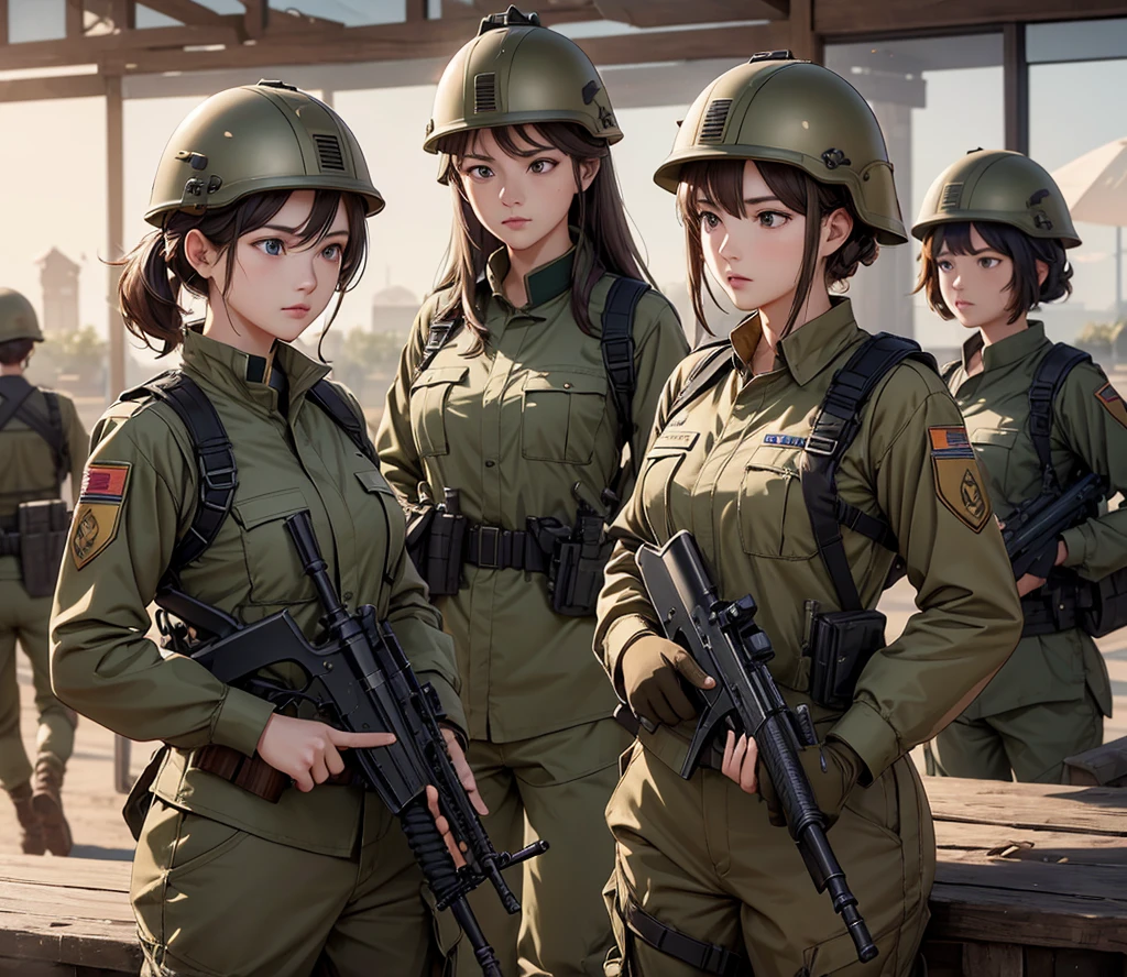 A group of female soldiers all wearing walnut-colored uniforms,Full helmet、Military Pants、Individual equipment set、Alert with guns,Write details、masterpiece、best quality、Highly detailed CG、8K picture quality