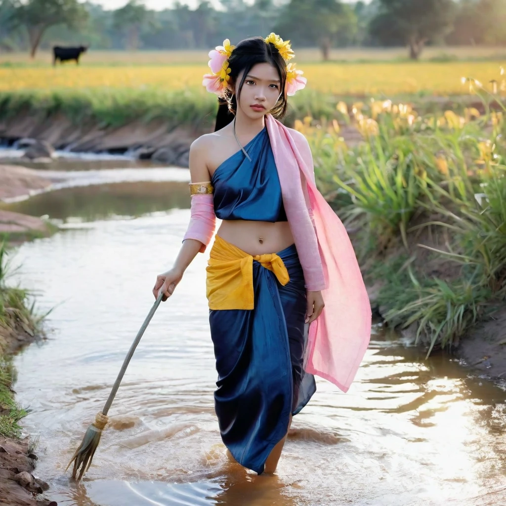 Sent by you:
Khmer Rural beautiful woman, 25 year old, charming face, long black hair, wearing a blue sarong adorned with yellow flowers Khmer style, wearing a pink long-sleeved shirt Khmer style, holding a whip, herding ten cows and buffaloes, wearing a scarf, white skin  , Field, stream, eight-year-old boy bathing in stream, bird, sun, realistic 8k, huge breasts , sitting on buffalo 