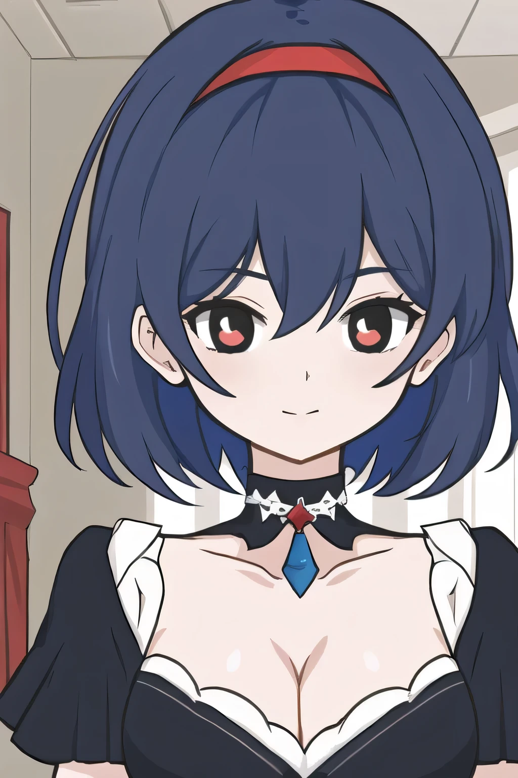best quality, highly detailed, female, blue hair, short hair, headband, dark dress, with a red and black outer, choker, cleavage, dark outfit, indoors, white room, portrait