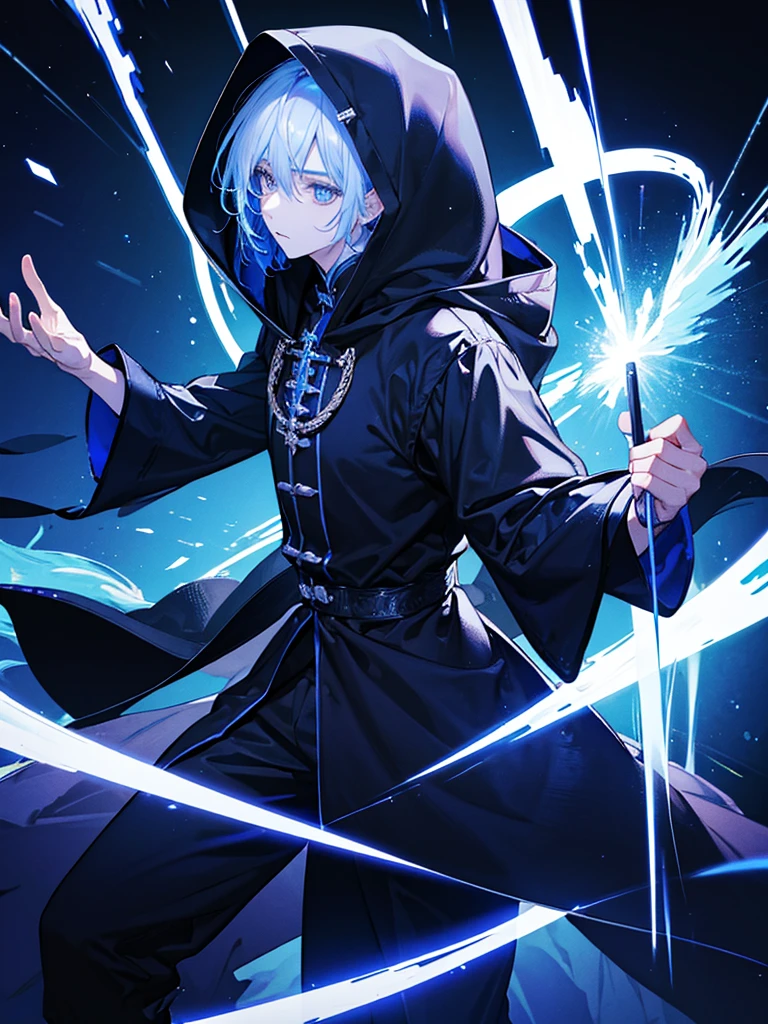 Sorcerer Divine Soul man, he has a silver hair and blue eyes, he wear a hood and wear gloves.