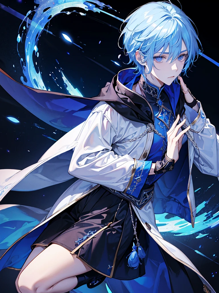 Sorcerer Divine Soul man, he has a silver hair and blue eyes, he wear a hood and wear gloves.