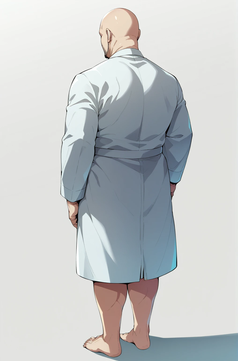 Diagonal angle from behind、A bald man in a white coat、solo、Ultra-detailed illustrations、Ultra-precise expression、masterpiece、Highest quality、ultra High resolution、High resolution、Hiromitsu Takeda Style、White background、Simple Background、whole body、barefoot、Standing posture、Back view、Spread your legs、