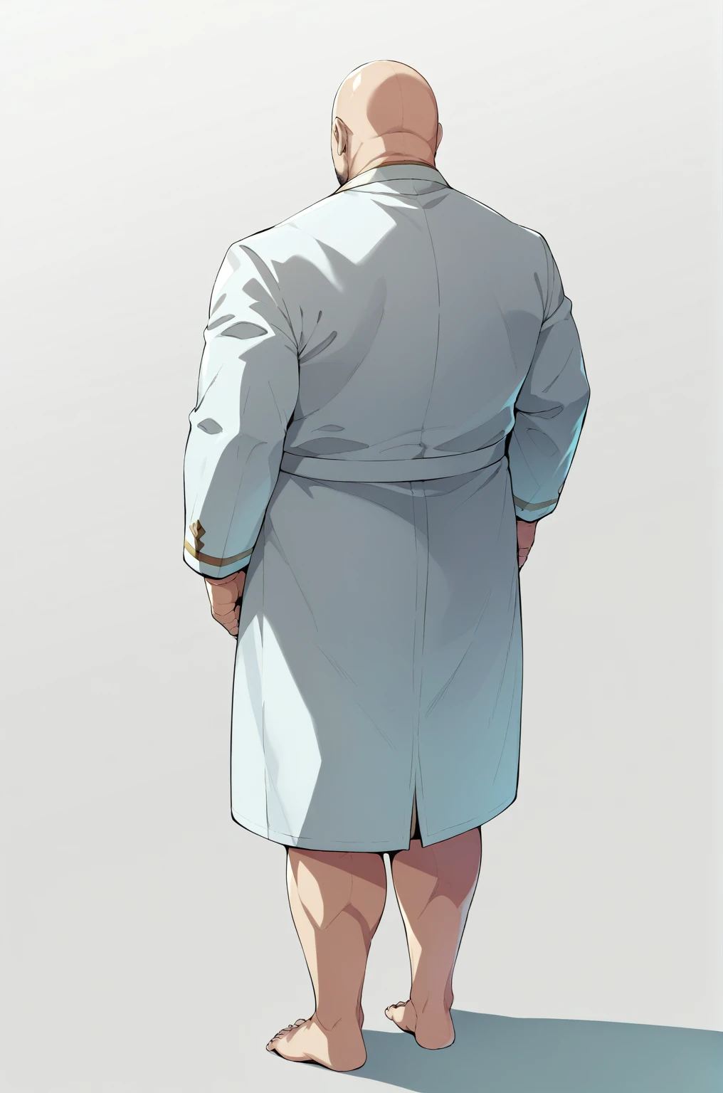 Diagonal angle from behind、A bald man in a white coat、solo、Ultra-detailed illustrations、Ultra-precise expression、masterpiece、Highest quality、ultra High resolution、High resolution、Hiromitsu Takeda Style、White background、Simple Background、whole body、barefoot、Standing posture、Back view、Spread your legs、