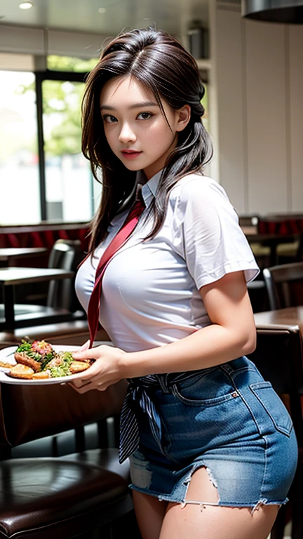 (8K, RAW Photos, 最high quality, masterpiece: 1.2), (Realistic, photoRealistic: 1.37), 1 A woman wearing a waitress uniform standing on the sidewalk, , Professional Lighting, Photon Mapping, , Brazilian women, Torn, Sommelière、, Sommelièreのユニホーム、,At a fine dining restaurant, Larger breasts、Incredibly beautiful face、masterpiece, 最high quality, high quality, High resolution, big , (Face close-up),working at a restaurant、Carry dishes、Hair is tied、Updo、Tie your hair tightly、Slicked back hair、Ahan、